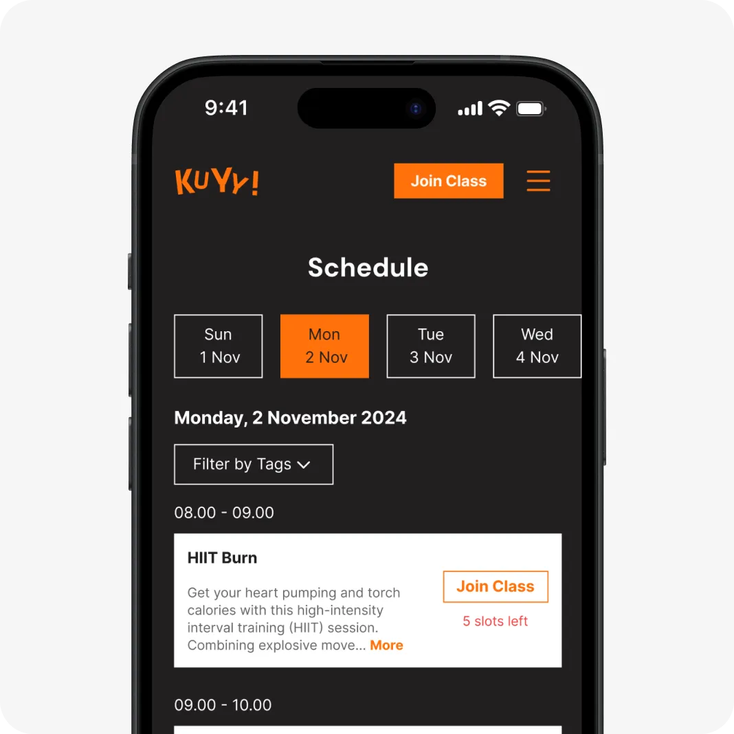The class and activity schedule on a KUYY! for Business website