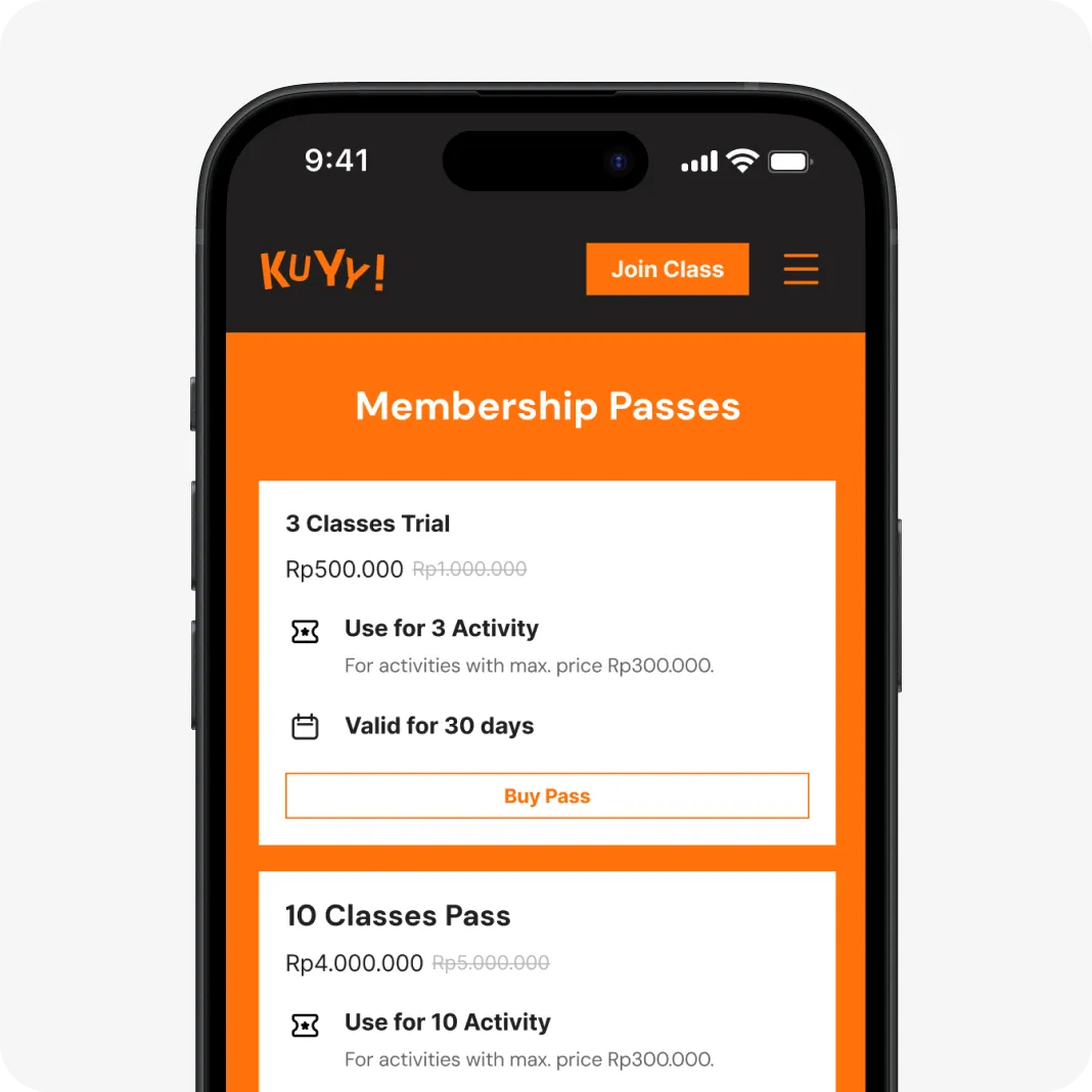 Membership passes and vouchers on a KUYY! for Business website