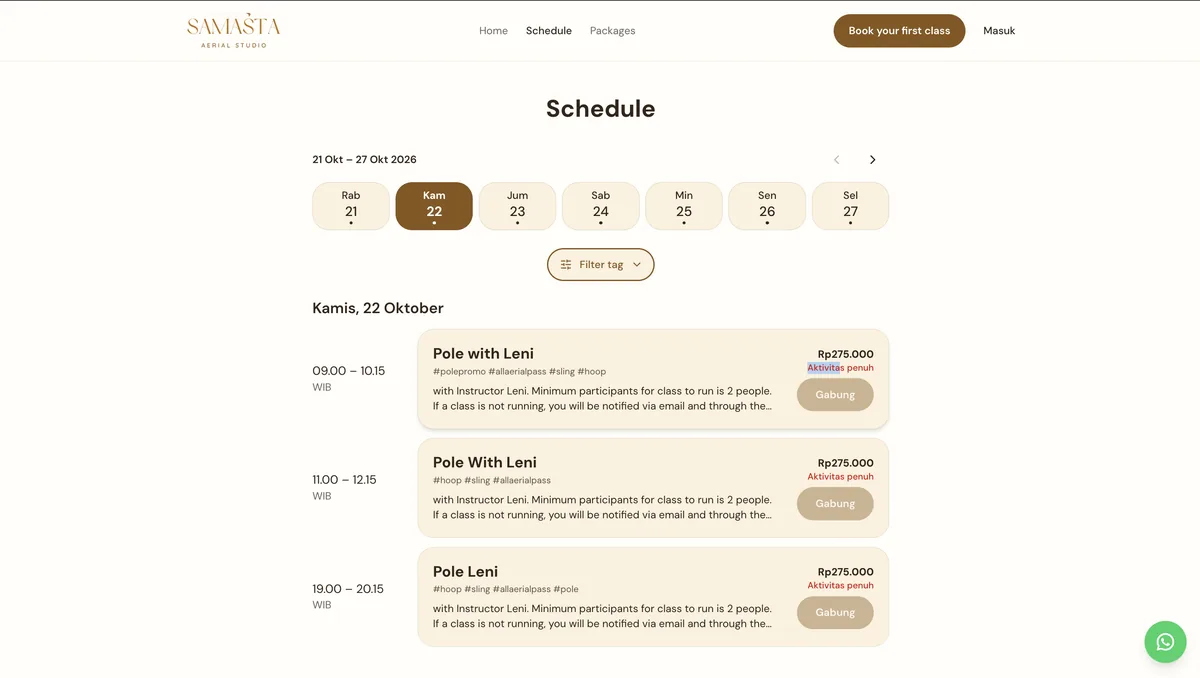 Halaman jadwal di website Samasta Aerial Studio: pilihan tanggal, filter tag, dan daftar kelas dengan harga dan tombol Gabung